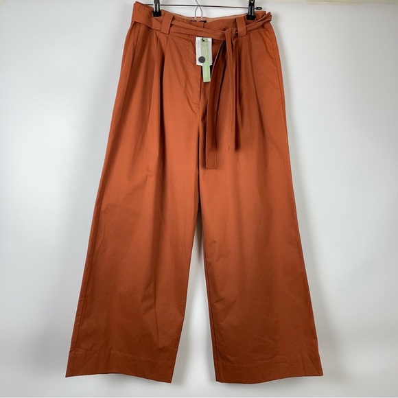 FRANK & Oak Wide Leg High Waisted Belted Pants Cropped Burnt Orange Cotton - Picture 4 of 11